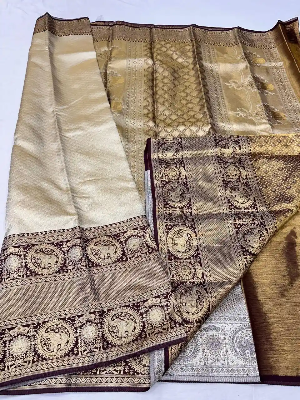 Cream Gold Zari Pure Kanchipuram Handloom Silk Saree